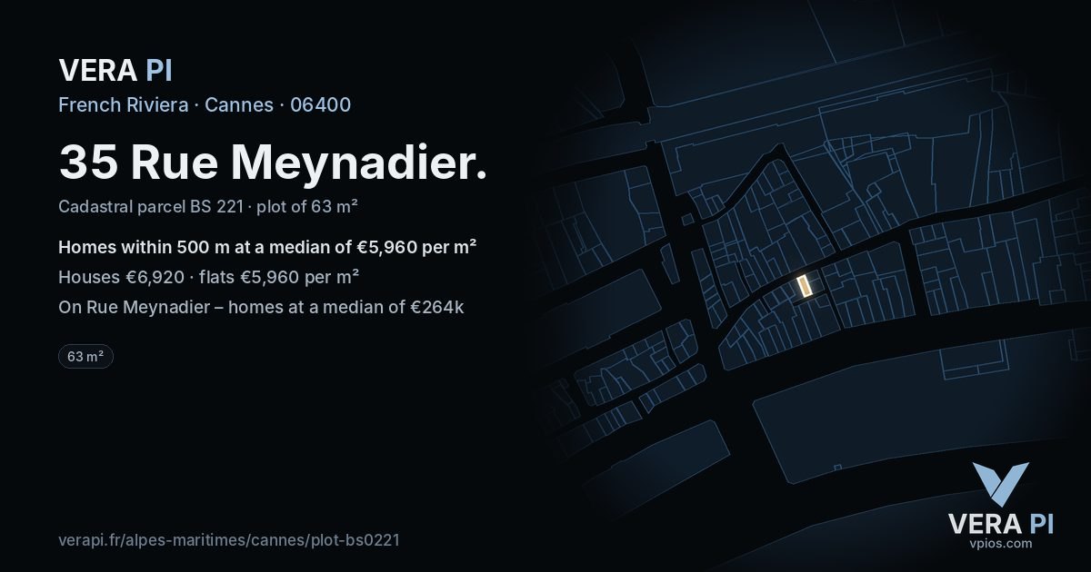 35 Rue Meynadier, Cannes at night – the plot lit, the parcels around coloured by the prices near them