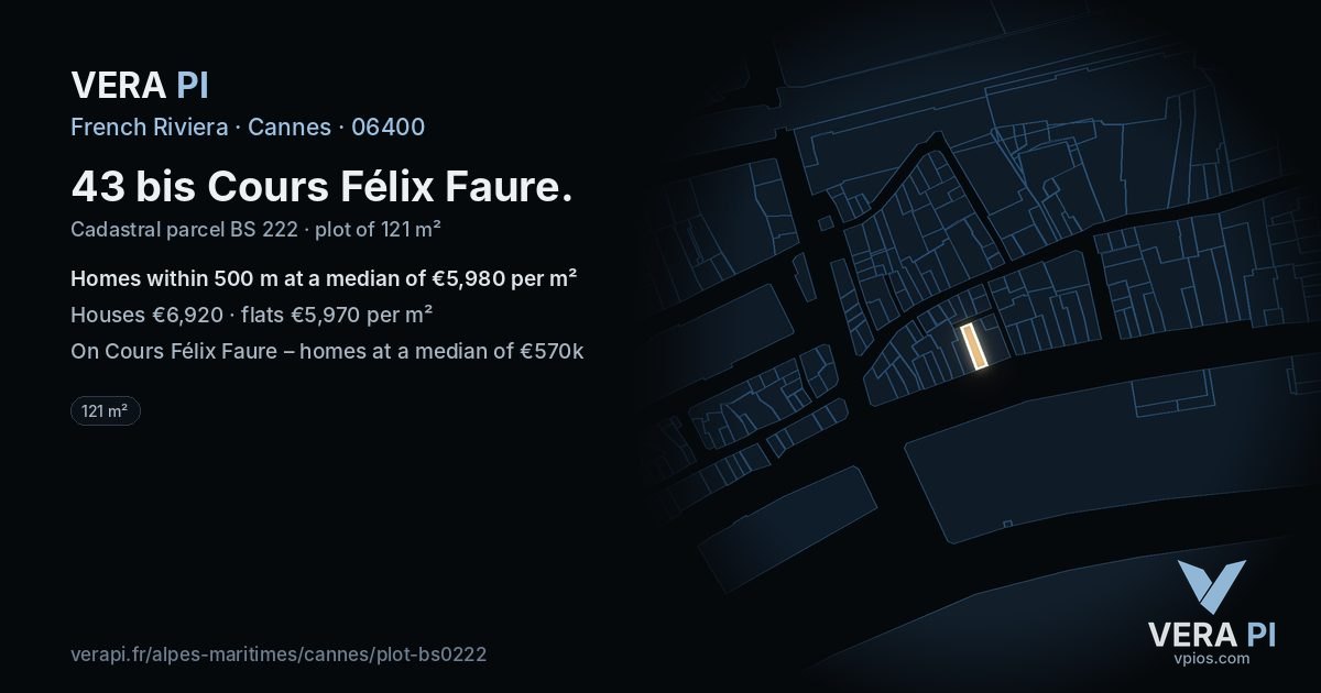 43 bis Cours Félix Faure, Cannes at night – the plot lit, the parcels around coloured by the prices near them