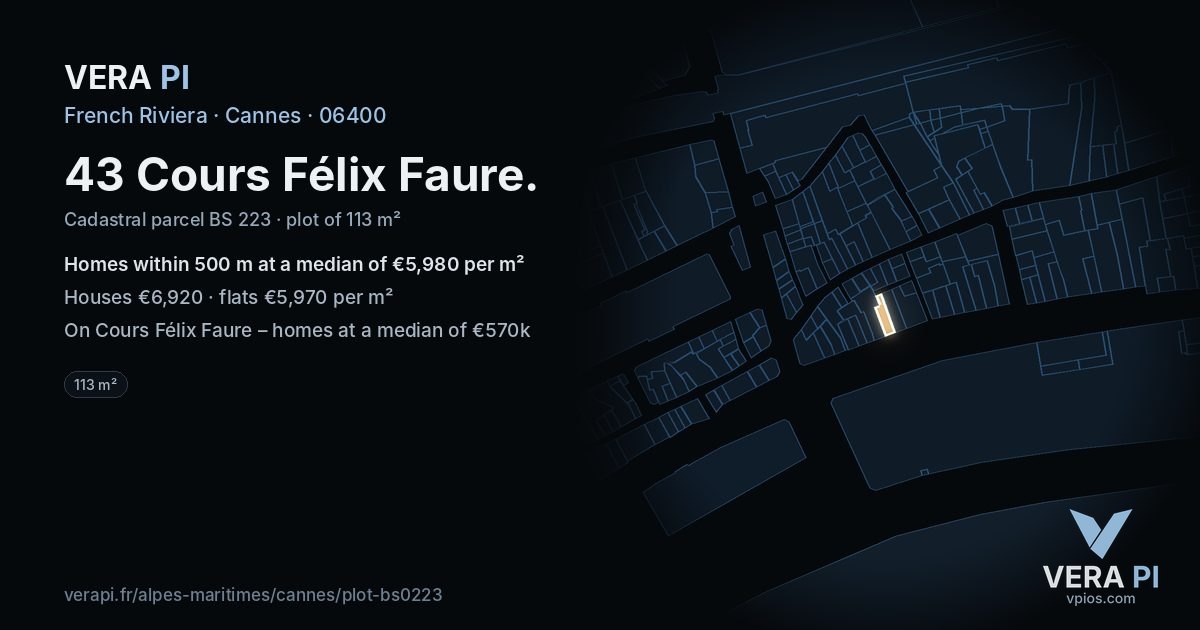 43 Cours Félix Faure, Cannes at night – the plot lit, the parcels around coloured by the prices near them