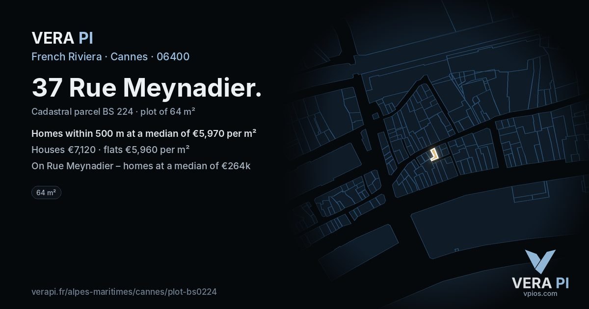 37 Rue Meynadier, Cannes at night – the plot lit, the parcels around coloured by the prices near them