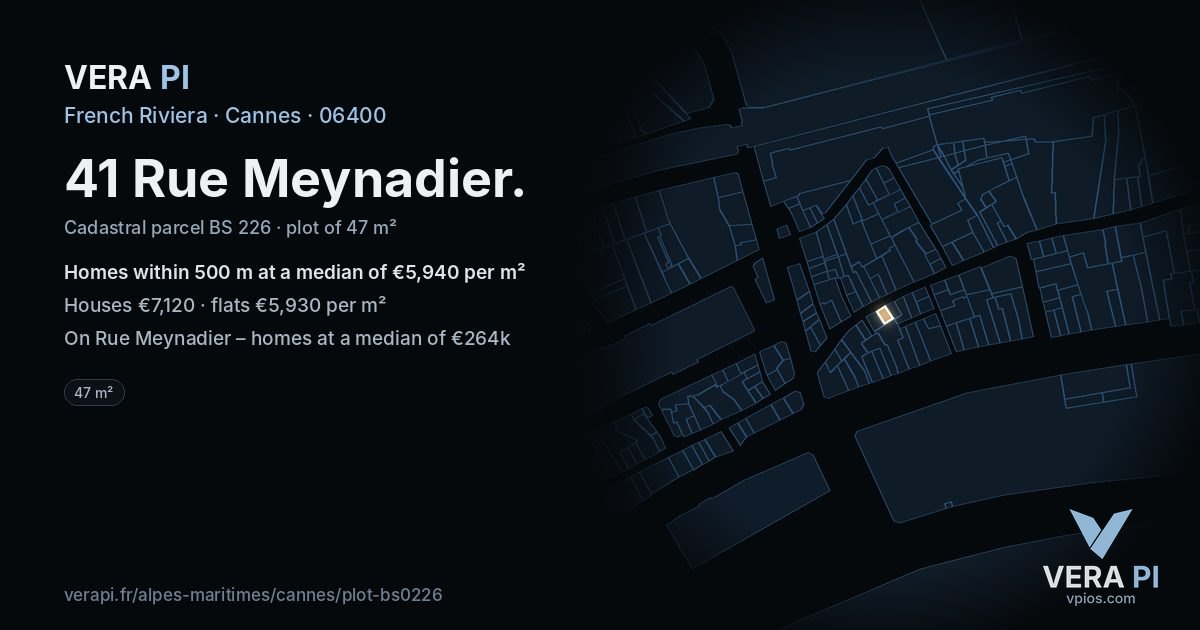 41 Rue Meynadier, Cannes at night – the plot lit, the parcels around coloured by the prices near them