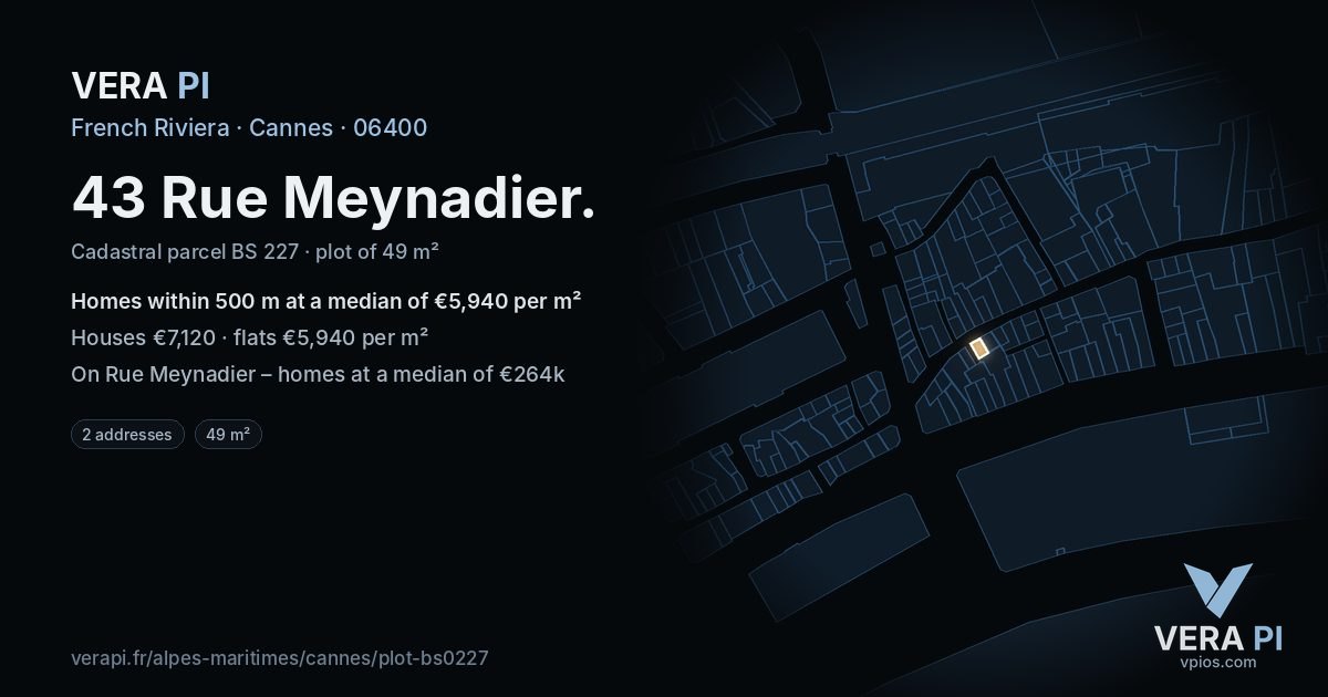 43 Rue Meynadier, Cannes at night – the plot lit, the parcels around coloured by the prices near them
