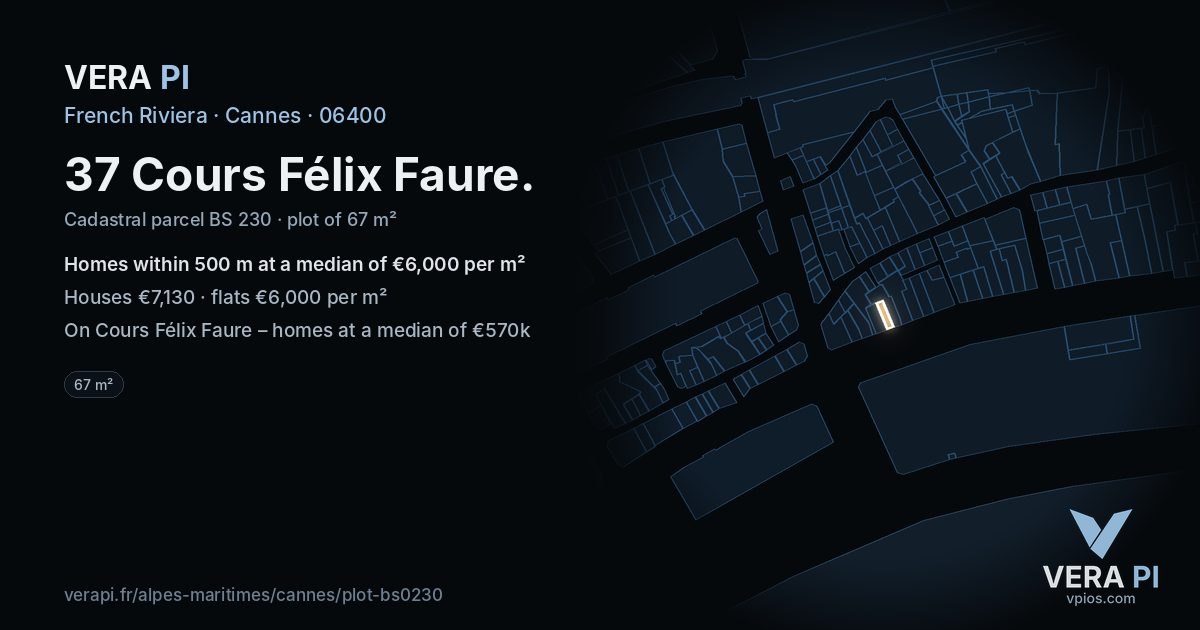 37 Cours Félix Faure, Cannes at night – the plot lit, the parcels around coloured by the prices near them