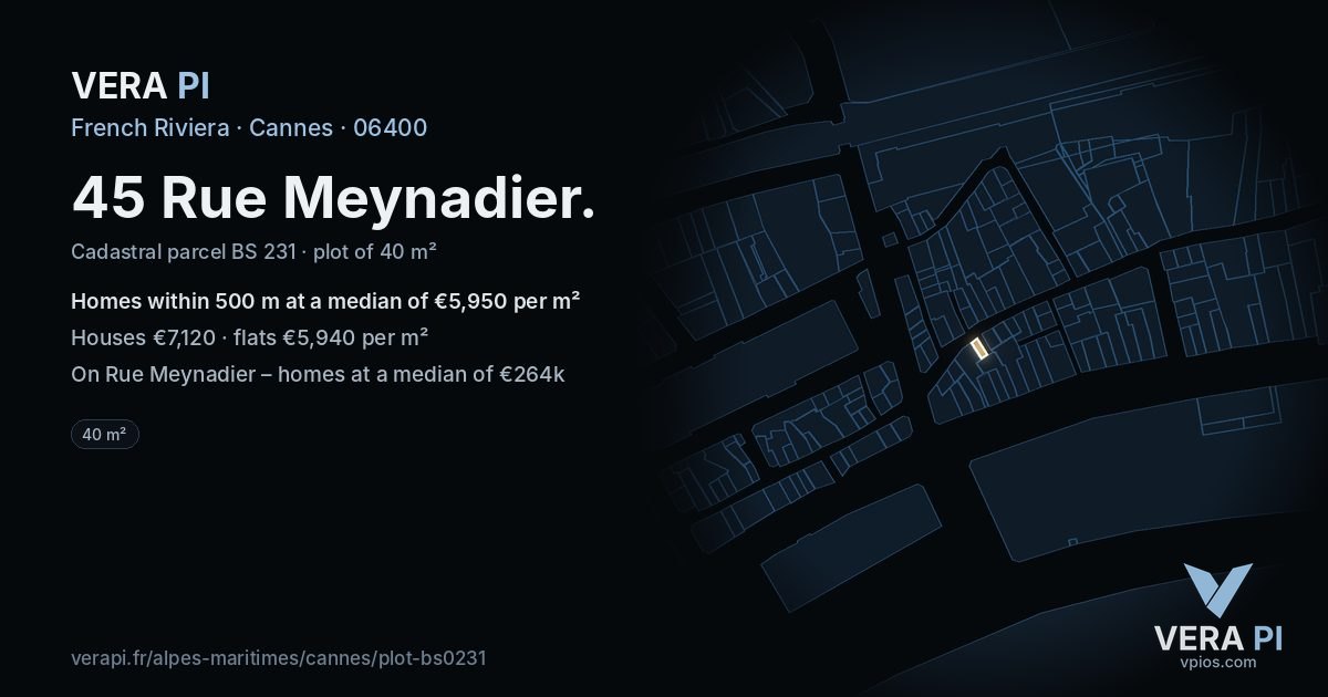 45 Rue Meynadier, Cannes at night – the plot lit, the parcels around coloured by the prices near them