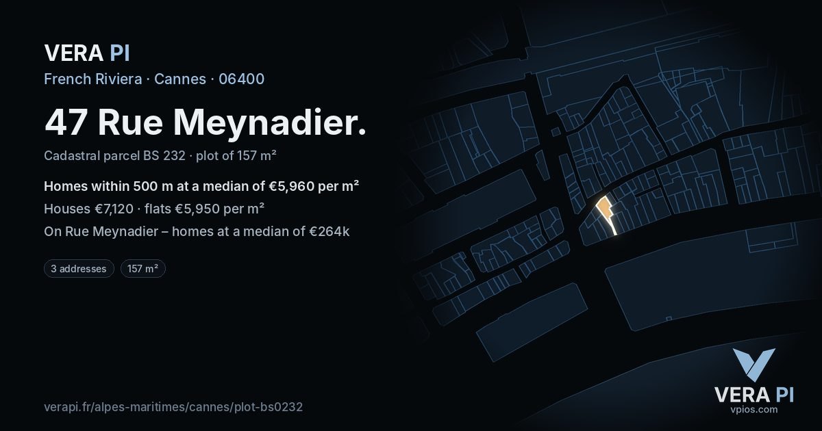 47 Rue Meynadier, Cannes at night – the plot lit, the parcels around coloured by the prices near them