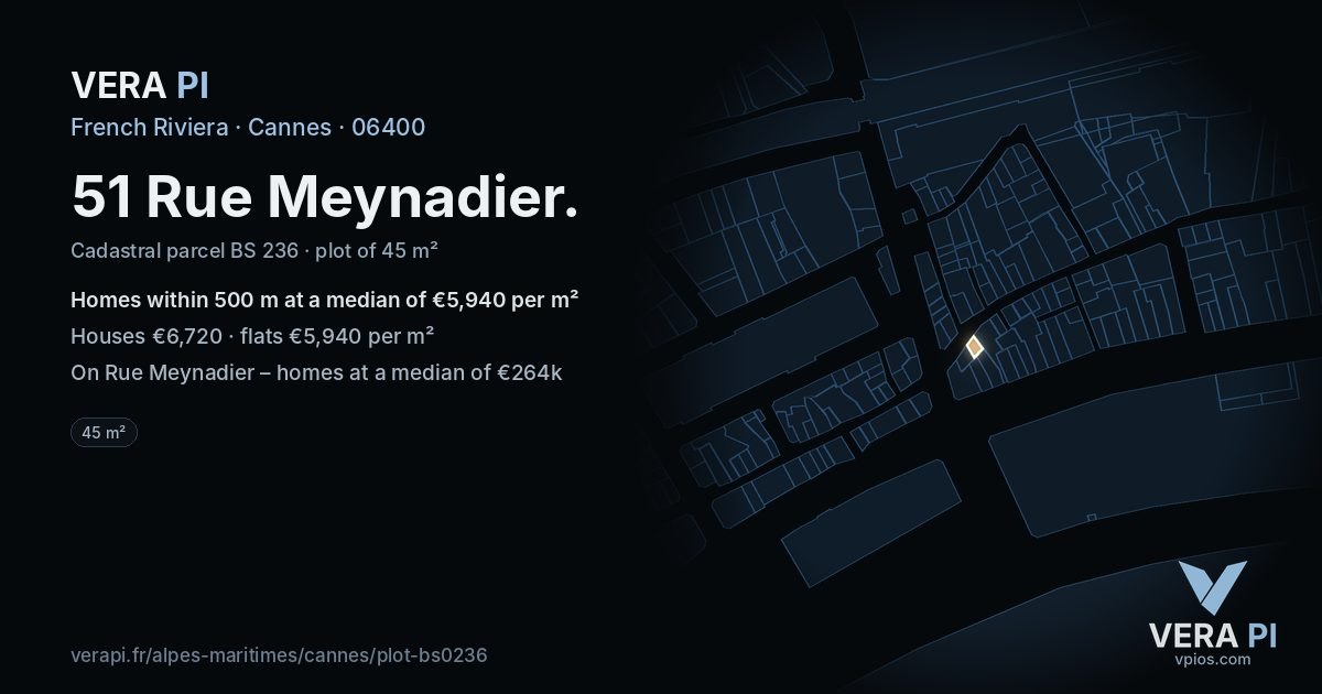 51 Rue Meynadier, Cannes at night – the plot lit, the parcels around coloured by the prices near them