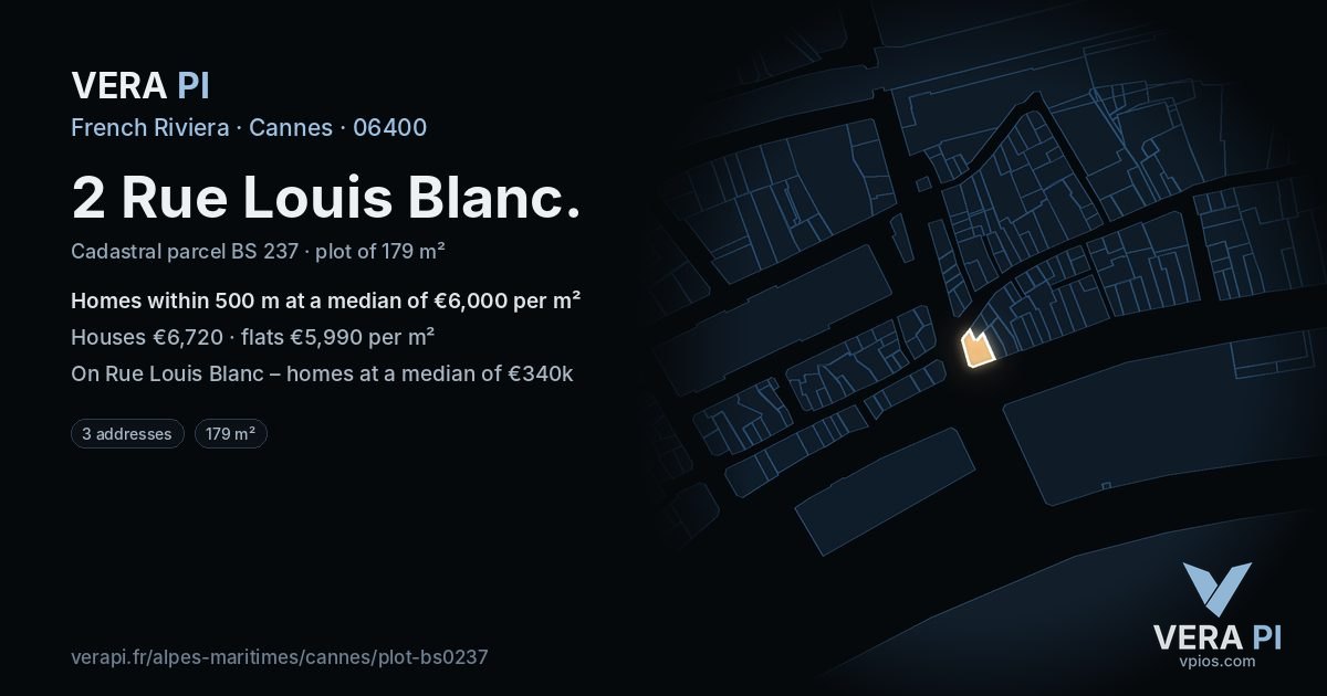 2 Rue Louis Blanc, Cannes at night – the plot lit, the parcels around coloured by the prices near them