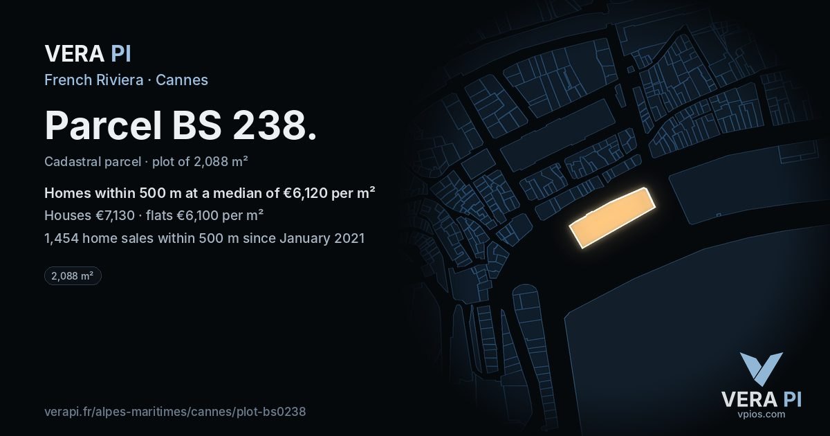 Parcel BS 238, Cannes at night – the plot lit, the parcels around coloured by the prices near them