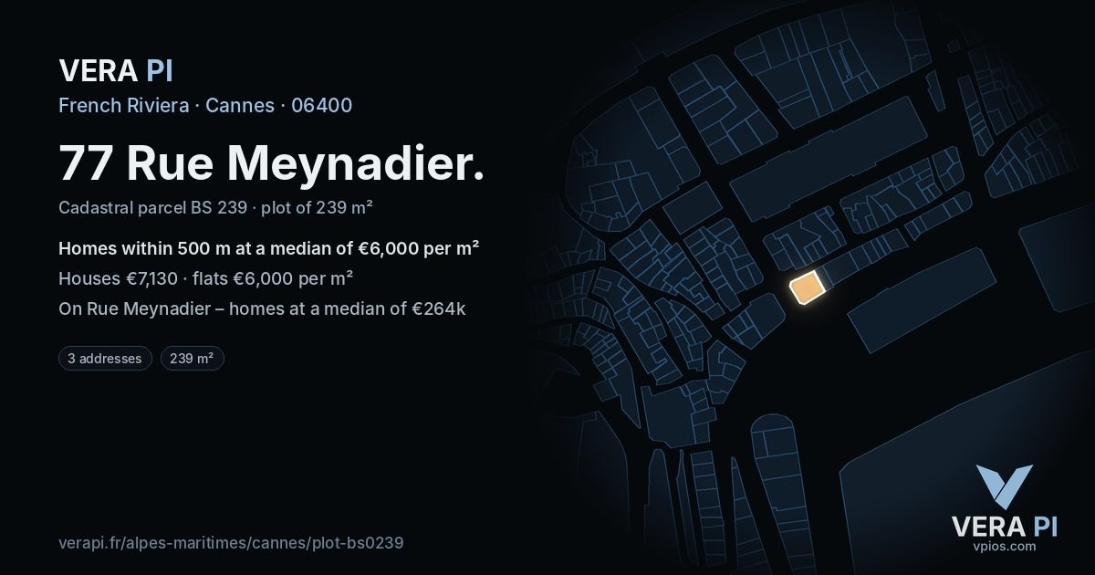 77 Rue Meynadier, Cannes at night – the plot lit, the parcels around coloured by the prices near them