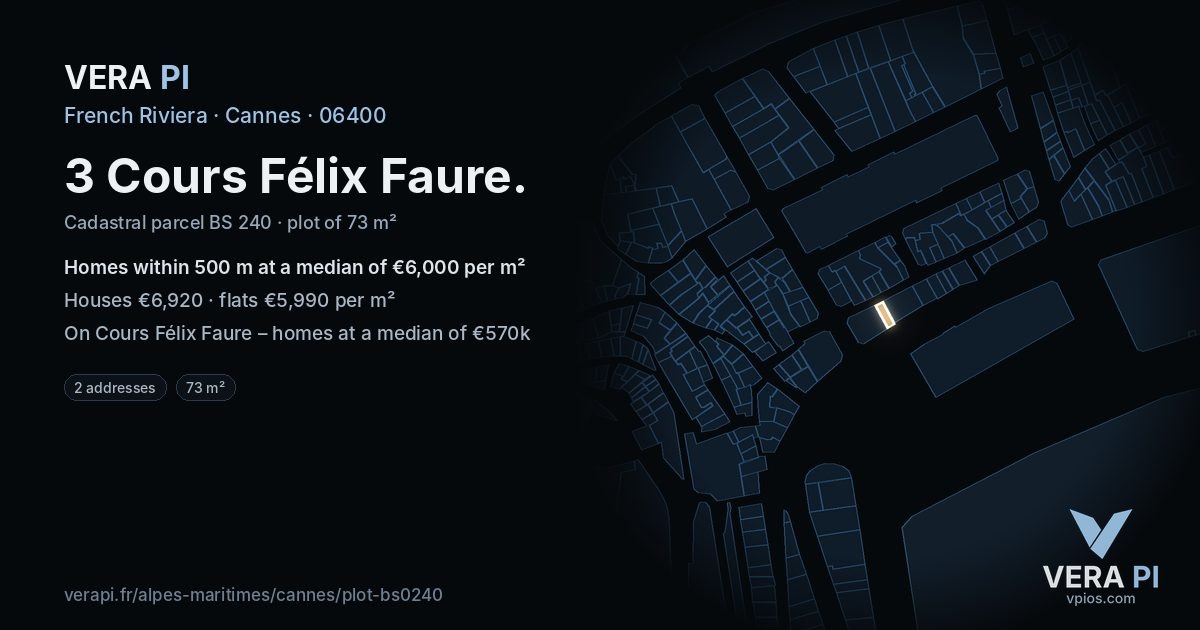 3 Cours Félix Faure, Cannes at night – the plot lit, the parcels around coloured by the prices near them
