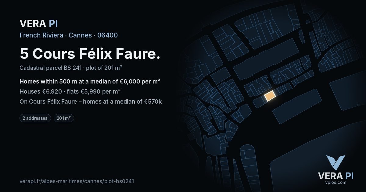 5 Cours Félix Faure, Cannes at night – the plot lit, the parcels around coloured by the prices near them