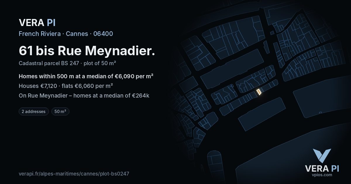 61 bis Rue Meynadier, Cannes at night – the plot lit, the parcels around coloured by the prices near them