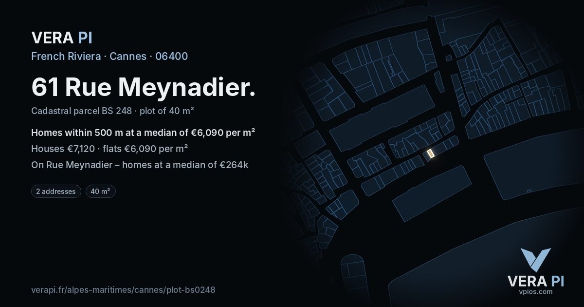 61 Rue Meynadier, Cannes at night – the plot lit, the parcels around coloured by the prices near them