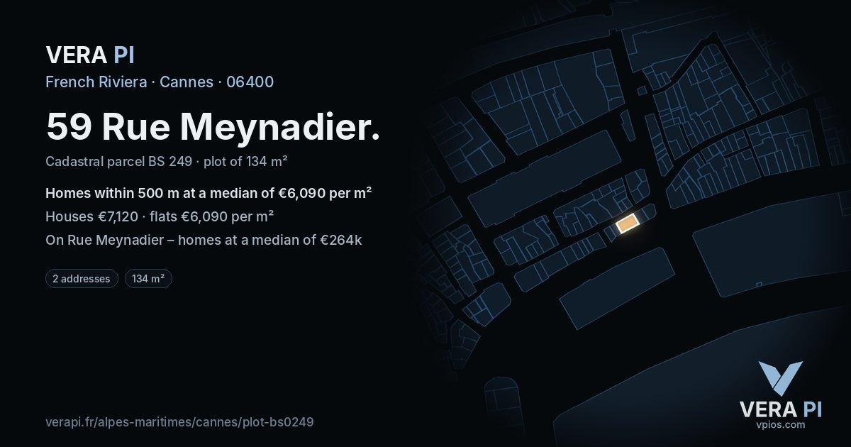 59 Rue Meynadier, Cannes at night – the plot lit, the parcels around coloured by the prices near them