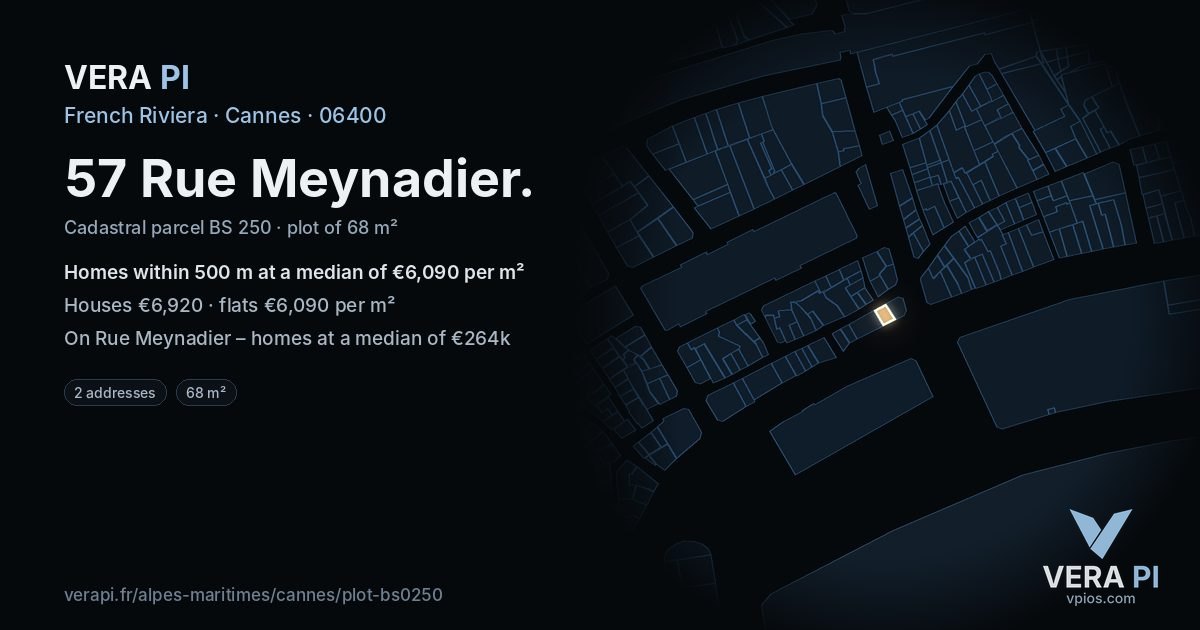 57 Rue Meynadier, Cannes at night – the plot lit, the parcels around coloured by the prices near them