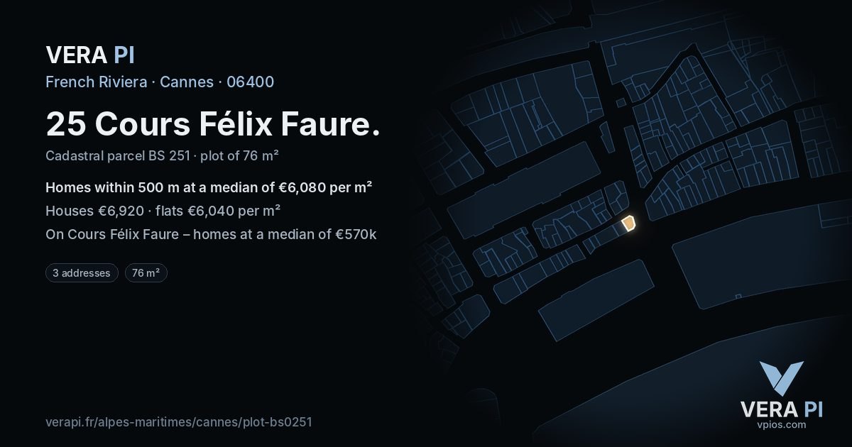 25 Cours Félix Faure, Cannes at night – the plot lit, the parcels around coloured by the prices near them
