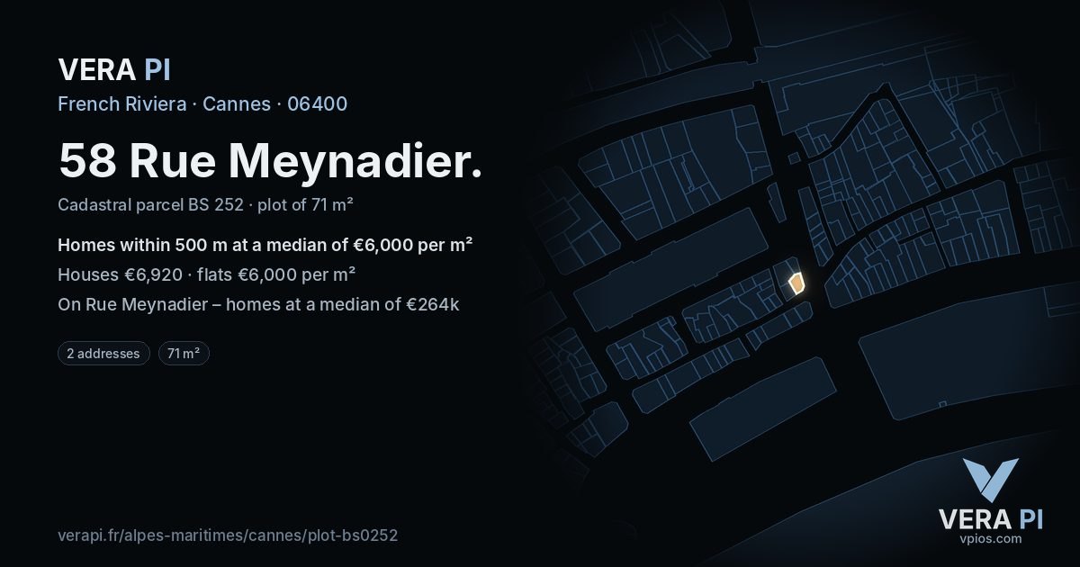 58 Rue Meynadier, Cannes at night – the plot lit, the parcels around coloured by the prices near them