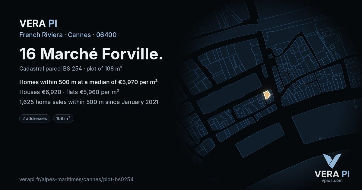 16 Marché Forville, Cannes at night – the plot lit, the parcels around coloured by the prices near them