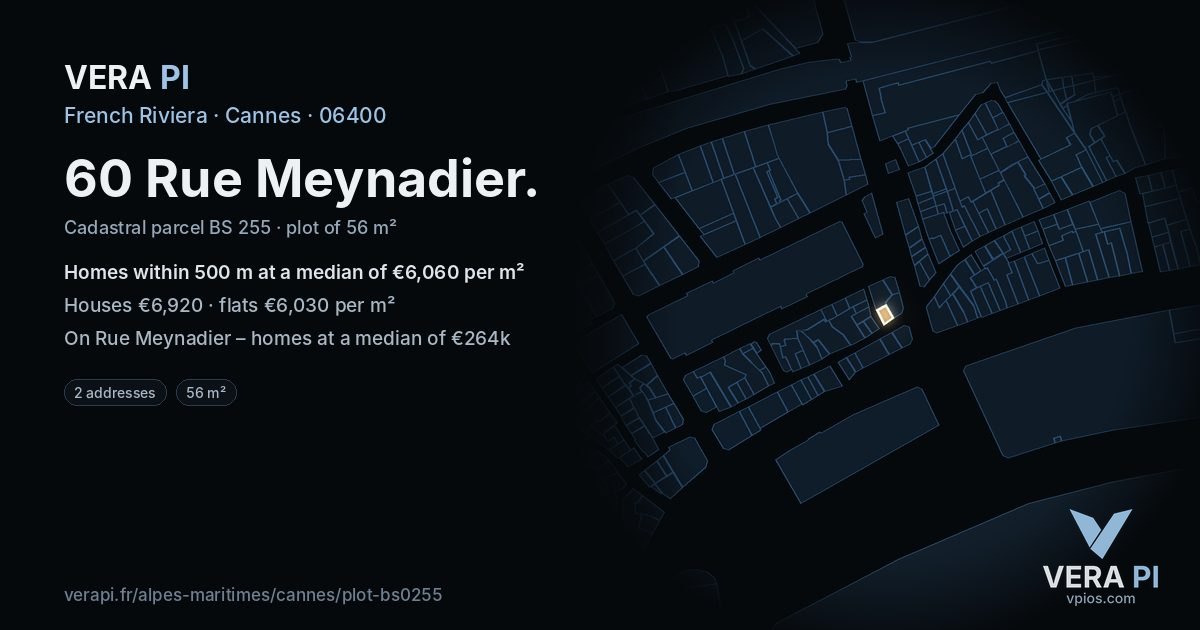 60 Rue Meynadier, Cannes at night – the plot lit, the parcels around coloured by the prices near them