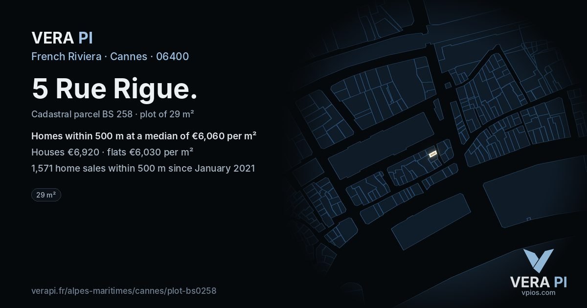 5 Rue Rigue, Cannes at night – the plot lit, the parcels around coloured by the prices near them