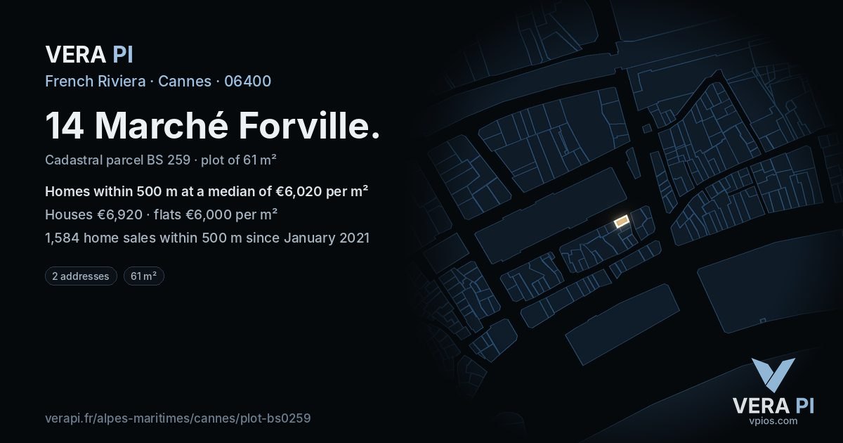 14 Marché Forville, Cannes at night – the plot lit, the parcels around coloured by the prices near them
