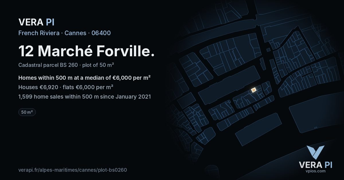 12 Marché Forville, Cannes at night – the plot lit, the parcels around coloured by the prices near them
