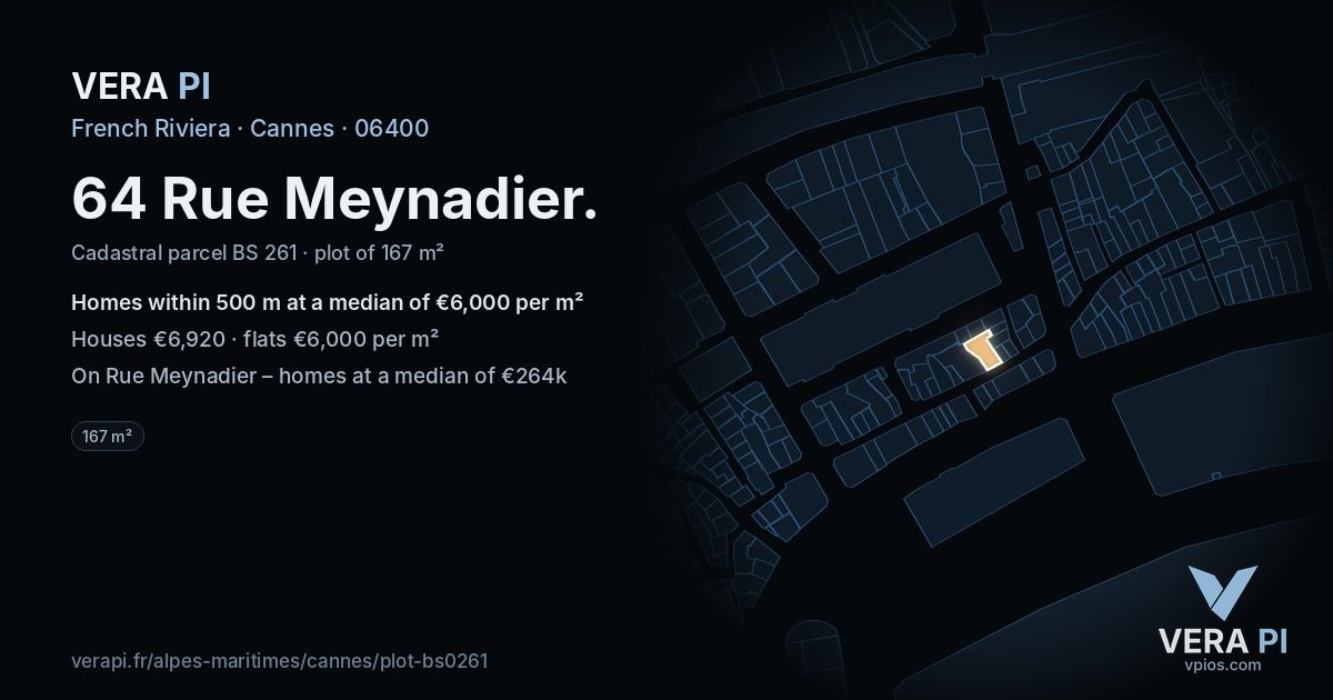 64 Rue Meynadier, Cannes at night – the plot lit, the parcels around coloured by the prices near them