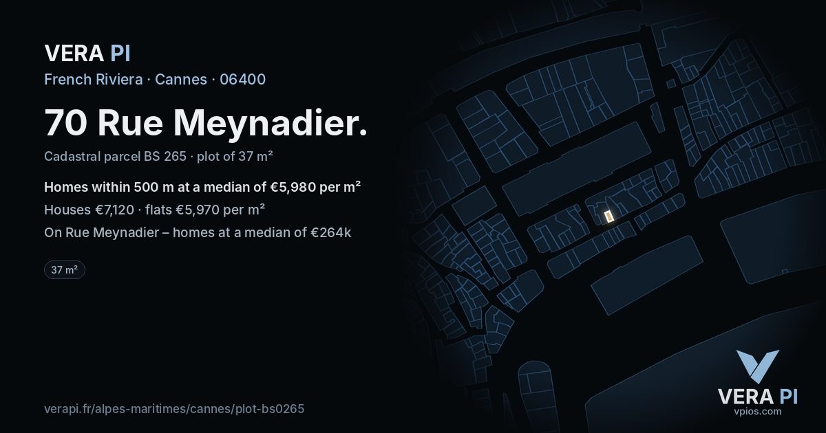70 Rue Meynadier, Cannes at night – the plot lit, the parcels around coloured by the prices near them