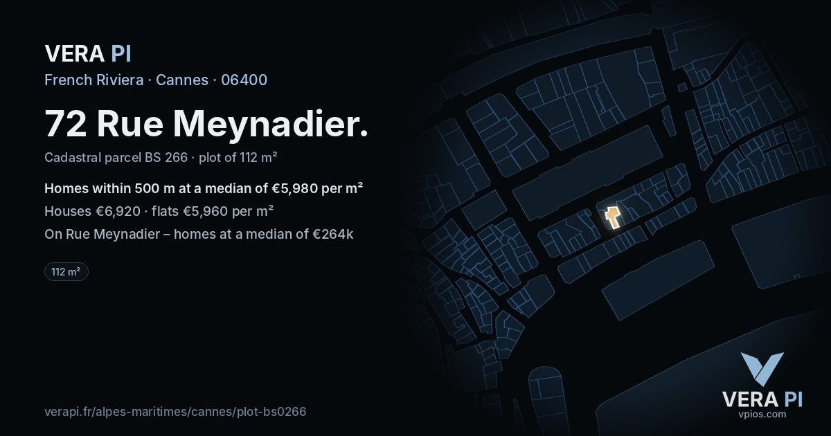 72 Rue Meynadier, Cannes at night – the plot lit, the parcels around coloured by the prices near them