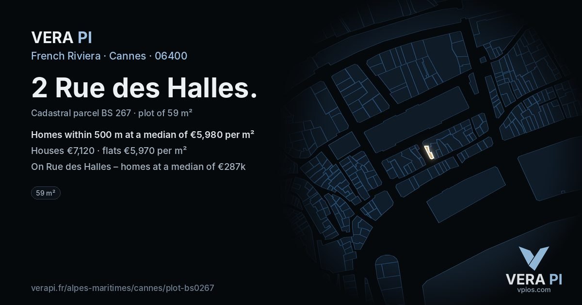2 Rue des Halles, Cannes at night – the plot lit, the parcels around coloured by the prices near them