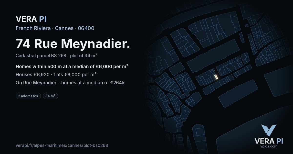 74 Rue Meynadier, Cannes at night – the plot lit, the parcels around coloured by the prices near them