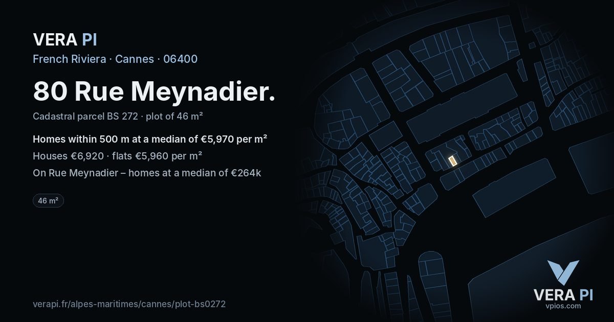 80 Rue Meynadier, Cannes at night – the plot lit, the parcels around coloured by the prices near them