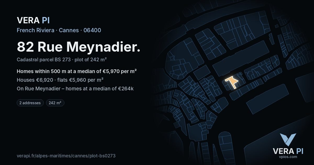 82 Rue Meynadier, Cannes at night – the plot lit, the parcels around coloured by the prices near them