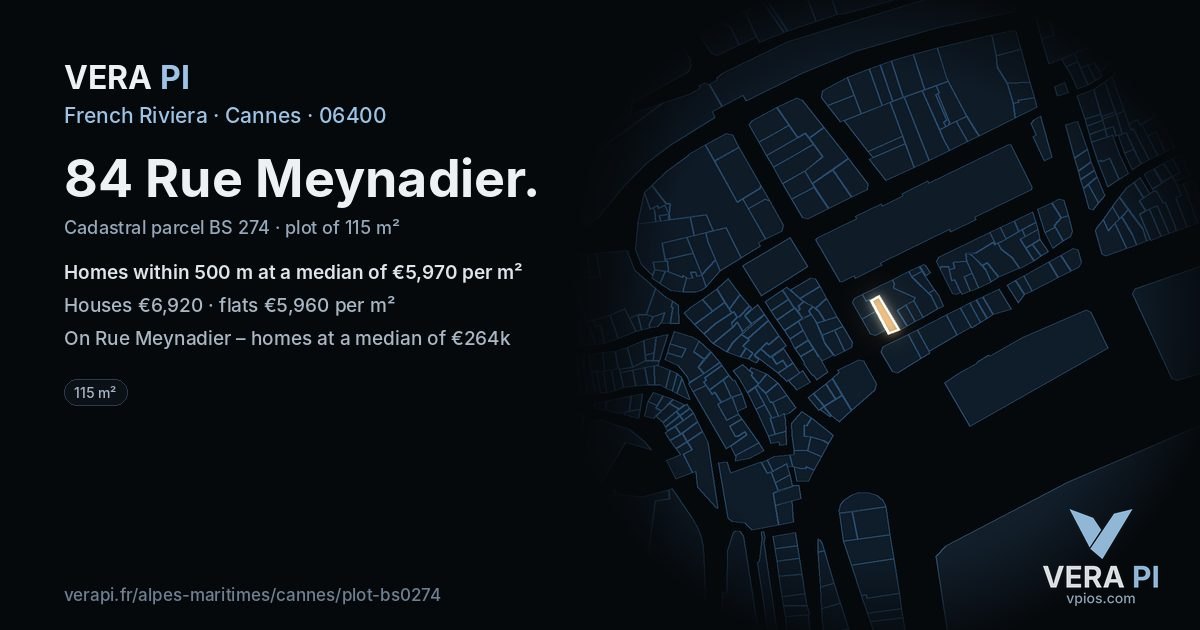 84 Rue Meynadier, Cannes at night – the plot lit, the parcels around coloured by the prices near them