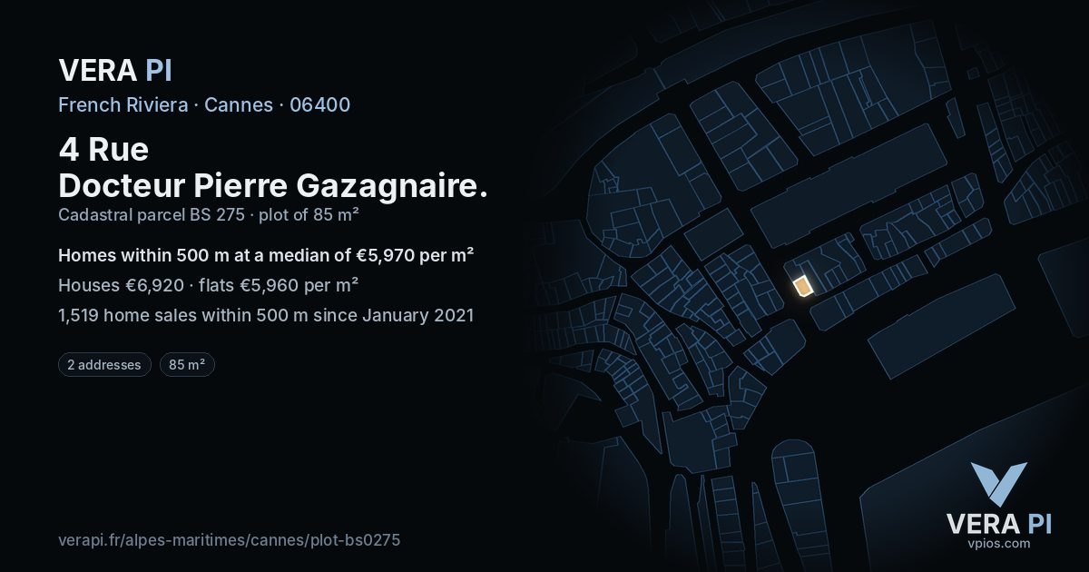 4 Rue Docteur Pierre Gazagnaire, Cannes at night – the plot lit, the parcels around coloured by the prices near them