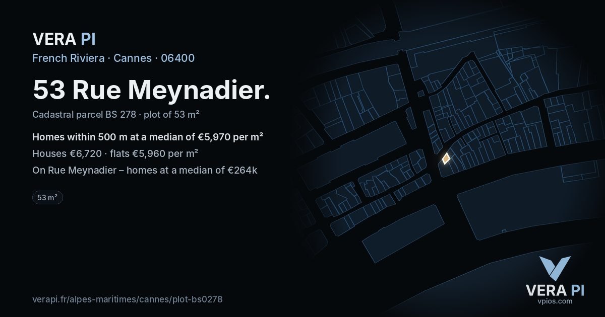 53 Rue Meynadier, Cannes at night – the plot lit, the parcels around coloured by the prices near them