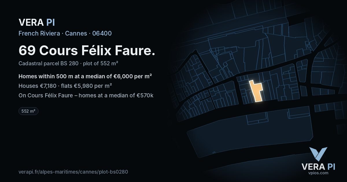 69 Cours Félix Faure, Cannes at night – the plot lit, the parcels around coloured by the prices near them