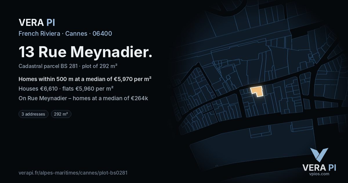 13 Rue Meynadier, Cannes at night – the plot lit, the parcels around coloured by the prices near them