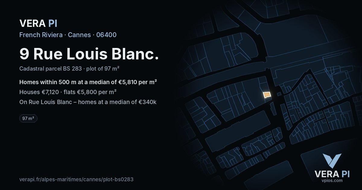 9 Rue Louis Blanc, Cannes at night – the plot lit, the parcels around coloured by the prices near them