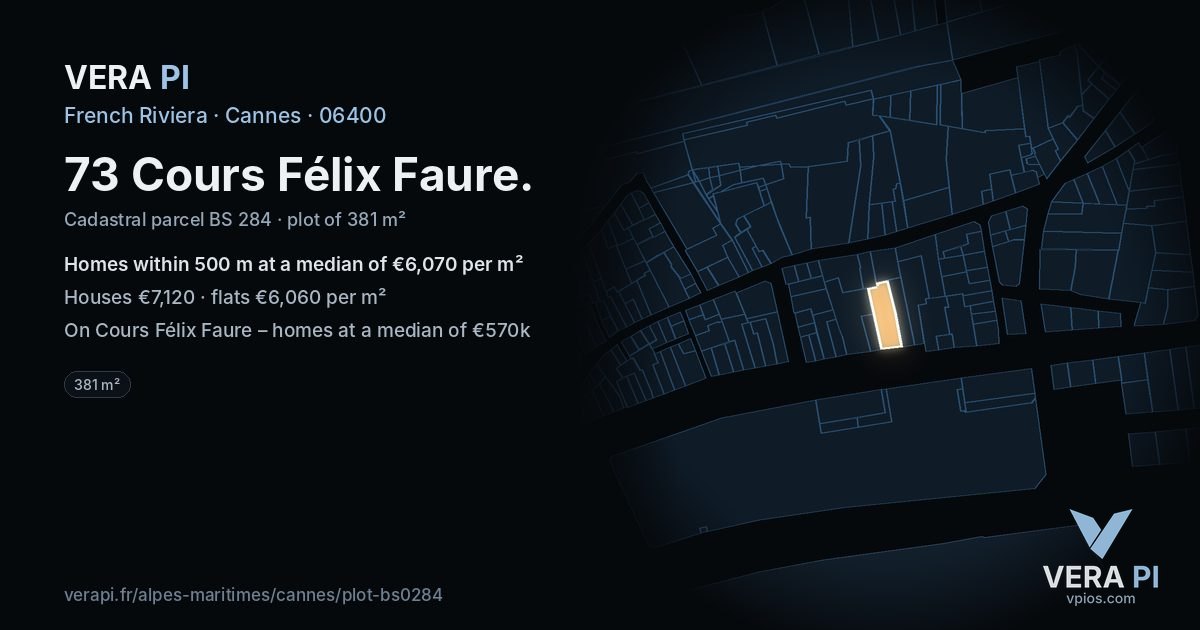 73 Cours Félix Faure, Cannes at night – the plot lit, the parcels around coloured by the prices near them