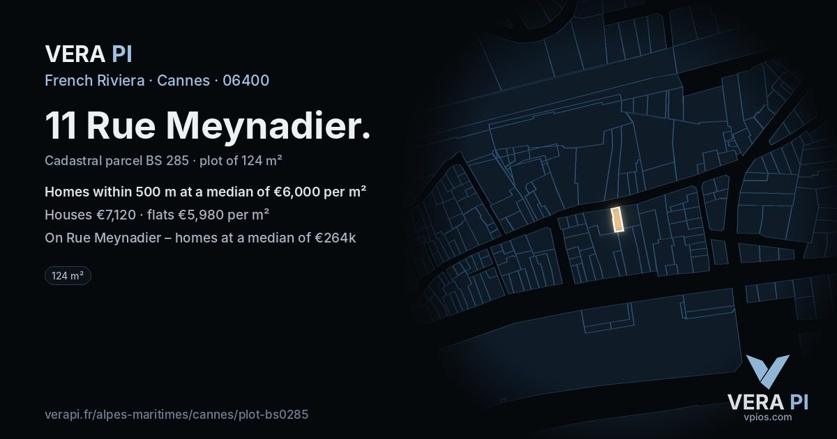 11 Rue Meynadier, Cannes at night – the plot lit, the parcels around coloured by the prices near them