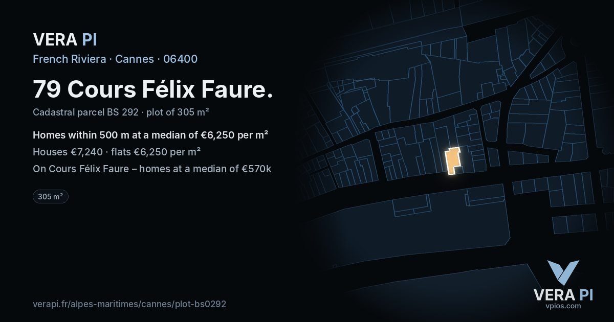 79 Cours Félix Faure, Cannes at night – the plot lit, the parcels around coloured by the prices near them