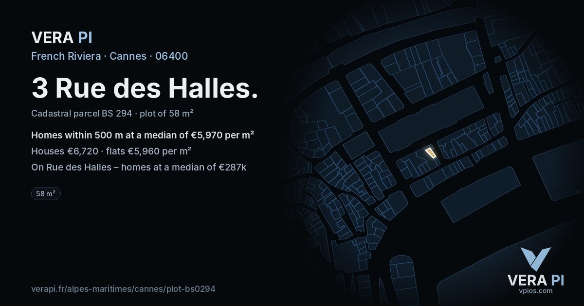 3 Rue des Halles, Cannes at night – the plot lit, the parcels around coloured by the prices near them