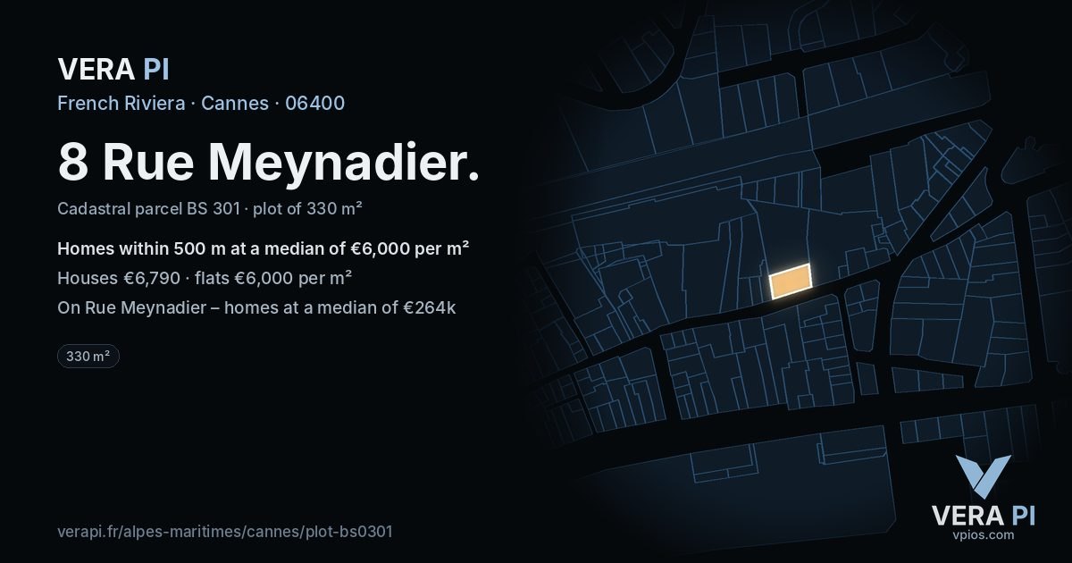 8 Rue Meynadier, Cannes at night – the plot lit, the parcels around coloured by the prices near them