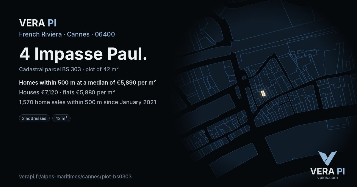 4 Impasse Paul, Cannes at night – the plot lit, the parcels around coloured by the prices near them