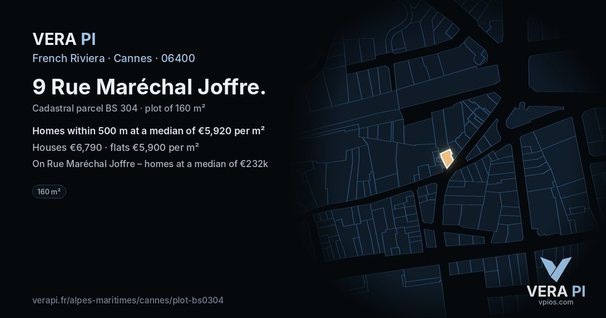 9 Rue Maréchal Joffre, Cannes at night – the plot lit, the parcels around coloured by the prices near them