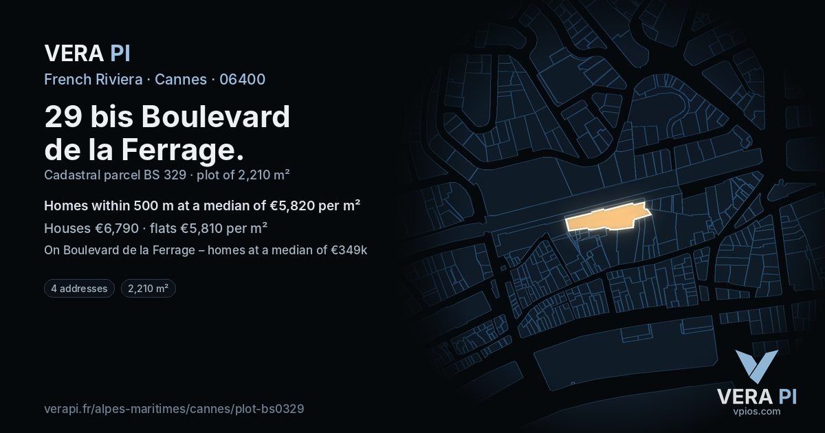 29 bis Boulevard de la Ferrage, Cannes at night – the plot lit, the parcels around coloured by the prices near them