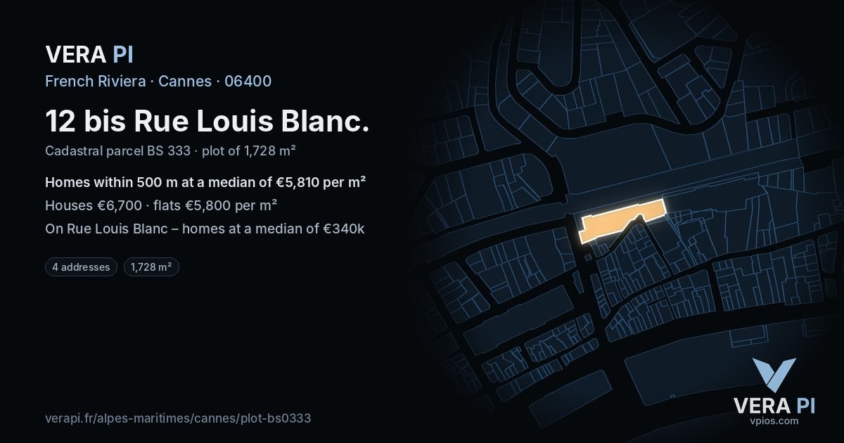 12 bis Rue Louis Blanc, Cannes at night – the plot lit, the parcels around coloured by the prices near them