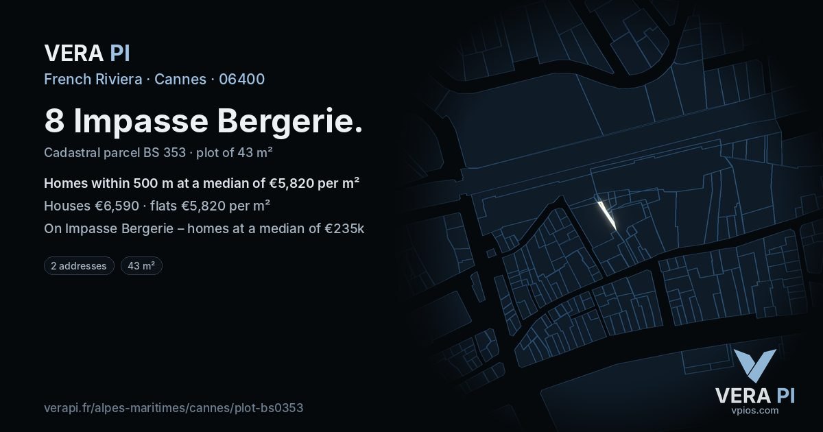 8 Impasse Bergerie, Cannes at night – the plot lit, the parcels around coloured by the prices near them
