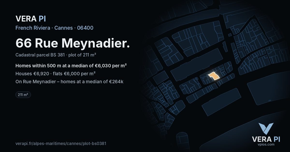 66 Rue Meynadier, Cannes at night – the plot lit, the parcels around coloured by the prices near them